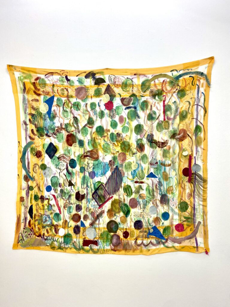 Effervescent Table Cloth (2022) Mixed Media water based oil and fabric on vintage cloth 125 x 125 cm